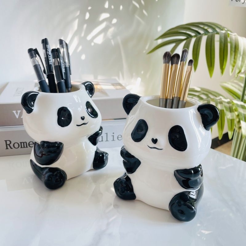 Panda ceramic 3 în 1 organizator pentru pixuri, periuțe de dinți și machiaj – montaj pe perete, 6 niveluri