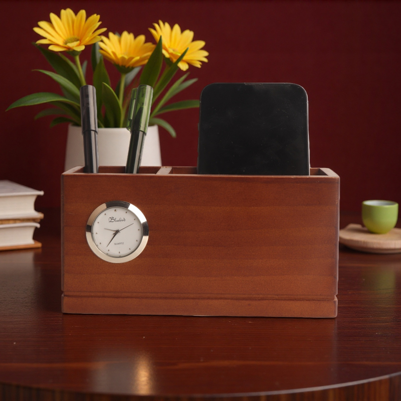 Tömörfa tolltartó, négyszögletes alakú asztali rendező – irodai kiegészítő, üzleti ajándék