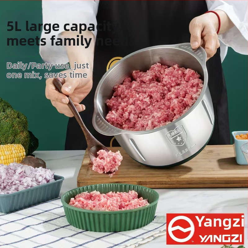 Elektrický mlynček na mäso s lisovačom cesnaku a miesičom cesta, kapacita 5–10 l, nerezová oceľ, 5-stupňové nastavenie rýchlosti, poloautomatický režim