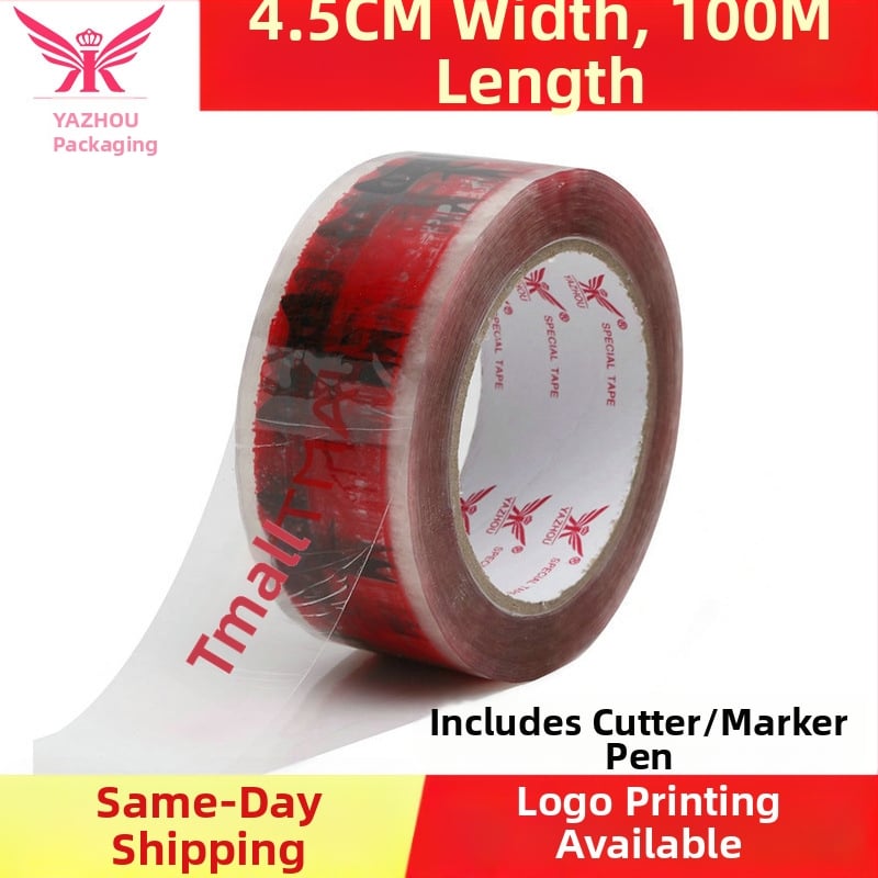 Figyelmeztető átlátszó csomagoló szalag nyomtatással, 50 μm vastagság, 45 mm szélesség, 100 m hossz, Bopp film, víz alapú ragasztó, írható felület, alacsony zaj, dobozok és expressz csomagoláshoz