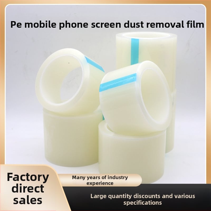 PE лента за почистване на прах за екрани, прозрачно, акрилно лепило, средна адхезия, гумено ядро, за екрани на мобилни телефони и лаптопи
