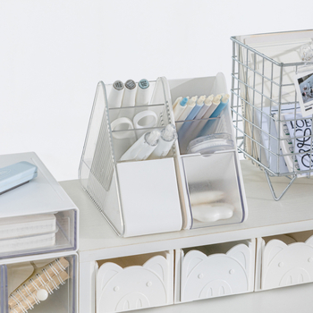 Držač olovke i stolni spremnik za skladištenje s ladicom, poklopom i pretincima – prozirni PET plast, kapacitet 1 L, moderni minimalistički uredski organizator