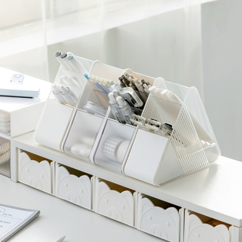 Držač olovke i stolni spremnik za skladištenje s ladicom, poklopom i pretincima – prozirni PET plast, kapacitet 1 L, moderni minimalistički uredski organizator