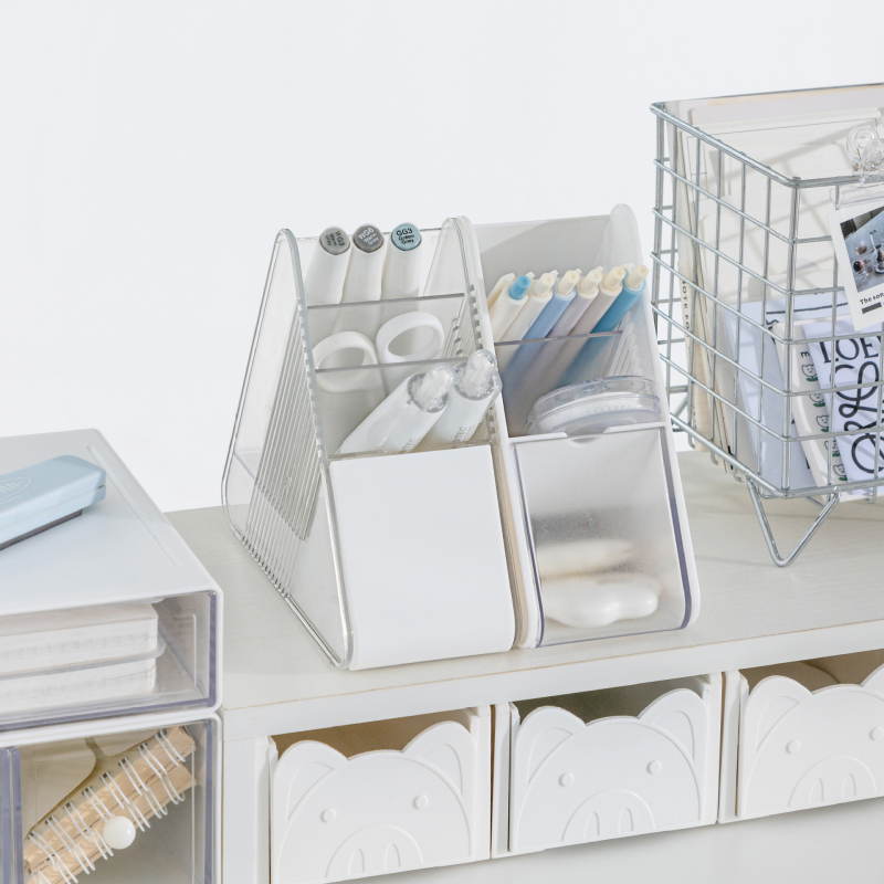 Držač olovke i stolni spremnik za skladištenje s ladicom, poklopom i pretincima – prozirni PET plast, kapacitet 1 L, moderni minimalistički uredski organizator