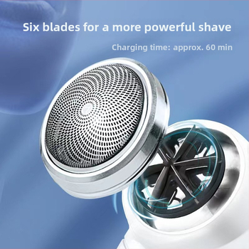 Elektrický holiaci strojček s rotačnou hlavou so šiestimi čepeľami, USB nabíjanie, bezuhlíkový motor, zabudovaná batéria 500–800 mAh, približne 60 minút prevádzky