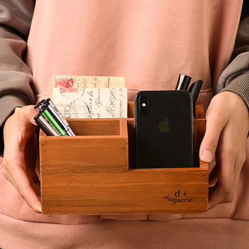 Drveni stolni organizator s pregradama, japanski stil, uzorak drveta, kapacitet 1 L, pogodan za daljinski upravljač, mobitel i kozmetiku