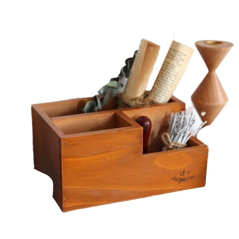 Drveni stolni organizator s pregradama, japanski stil, uzorak drveta, kapacitet 1 L, pogodan za daljinski upravljač, mobitel i kozmetiku