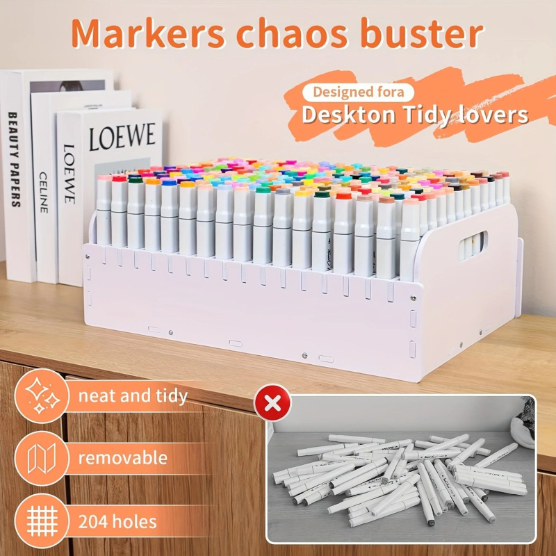 Kutija za pohranu marker olovaka, 204 otvora, PVC, kvadratnog oblika, stolni držač za olovke