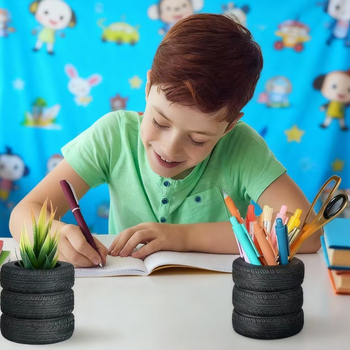 Okrugli vinil držač olovaka i stolni organizator s saksijom umjetnih cvjetova, model 4414, prilagodljivo