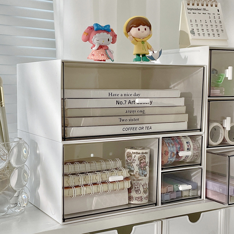 Prozirna stolna kutija za pohranu s ladicama – sklopivi plastični organizator za kancelarijske potrepštine, kapacitet 1 L, moderan minimalistički stil