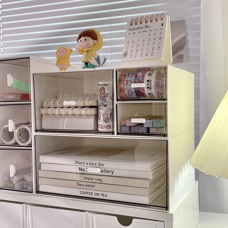 Prozirna stolna kutija za pohranu s ladicama – sklopivi plastični organizator za kancelarijske potrepštine, kapacitet 1 L, moderan minimalistički stil