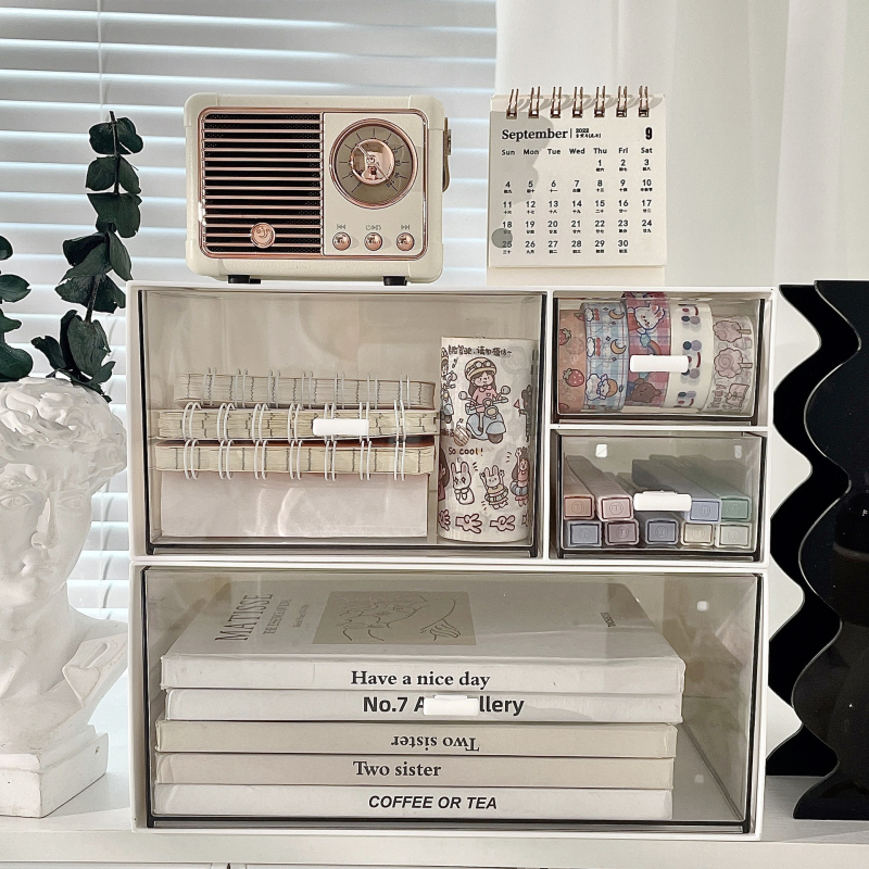 Prozirna stolna kutija za pohranu s ladicama – sklopivi plastični organizator za kancelarijske potrepštine, kapacitet 1 L, moderan minimalistički stil