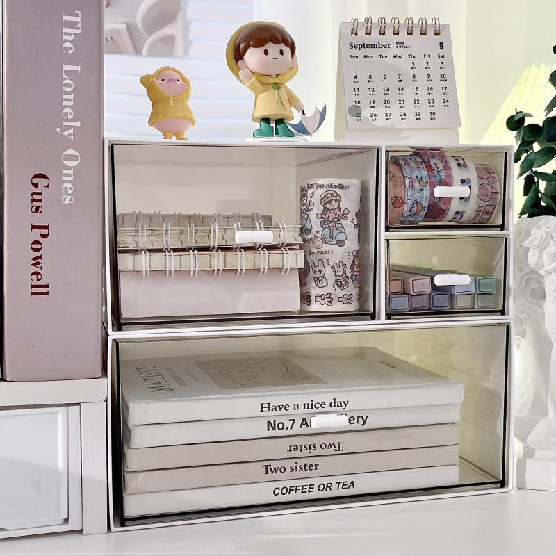 Prozirna stolna kutija za pohranu s ladicama – sklopivi plastični organizator za kancelarijske potrepštine, kapacitet 1 L, moderan minimalistički stil