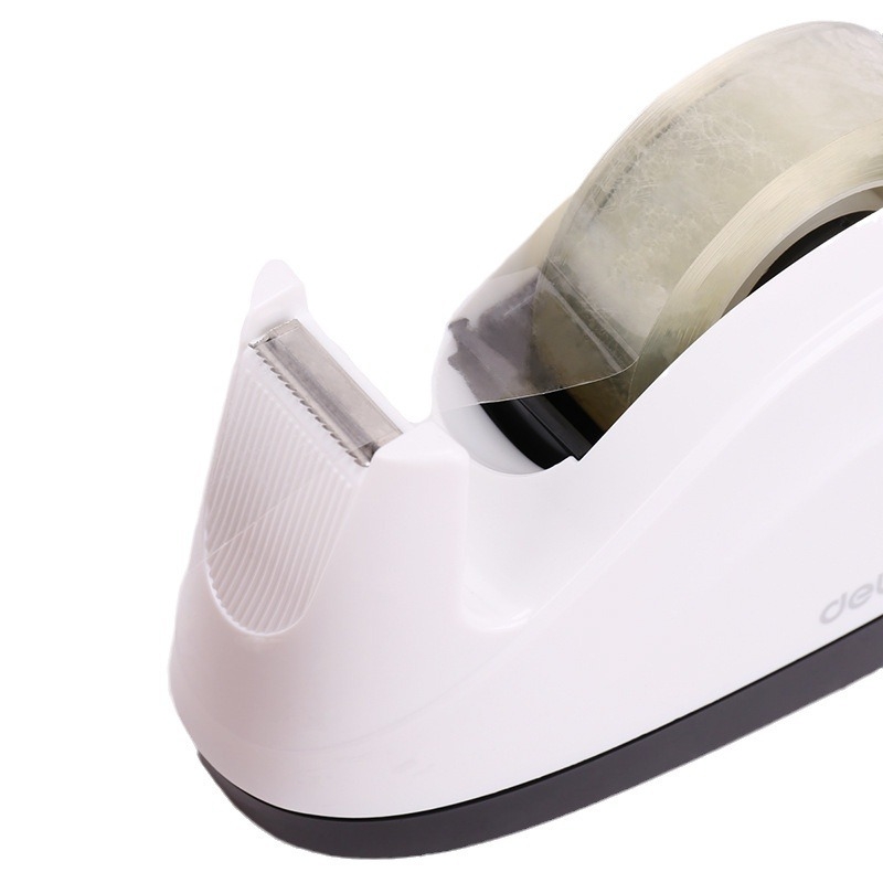 Deli 808 szalag tartó és vágó, hordozható asztali tömítő eszköz (Modell: 808; Anyag: ABS+cement; Szalag szélességig 18 mm-ig alkalmas; Alkalmazás: zárás és csomagolás)