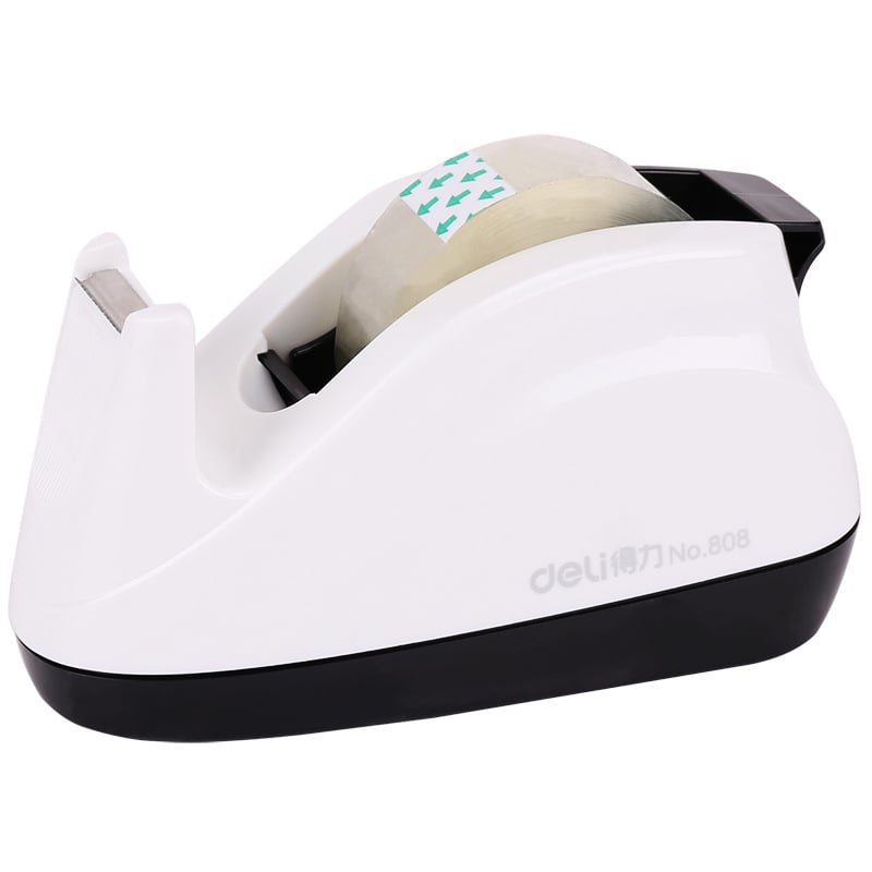 Deli 808 szalag tartó és vágó, hordozható asztali tömítő eszköz (Modell: 808; Anyag: ABS+cement; Szalag szélességig 18 mm-ig alkalmas; Alkalmazás: zárás és csomagolás)