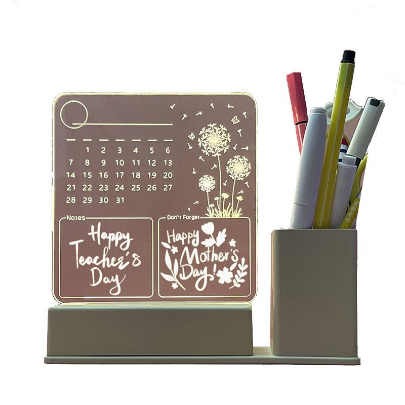 Műanyag négyzet alakú jegyzettábla fénylő naptárral, tolltartóval és törölhető fehér táblával