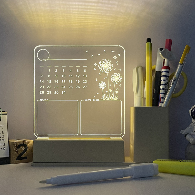 Műanyag négyzet alakú jegyzettábla fénylő naptárral, tolltartóval és törölhető fehér táblával