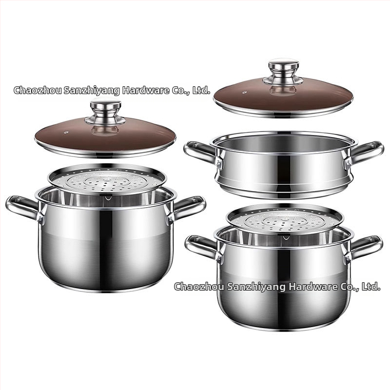 Dvojposchodový parný hrniec z 201 nerezovej ocele s integrovaným parným košom, skleneným poklopom, viacvrstvovým dnom, vhodný pre indukčné aj plynové varné dosky