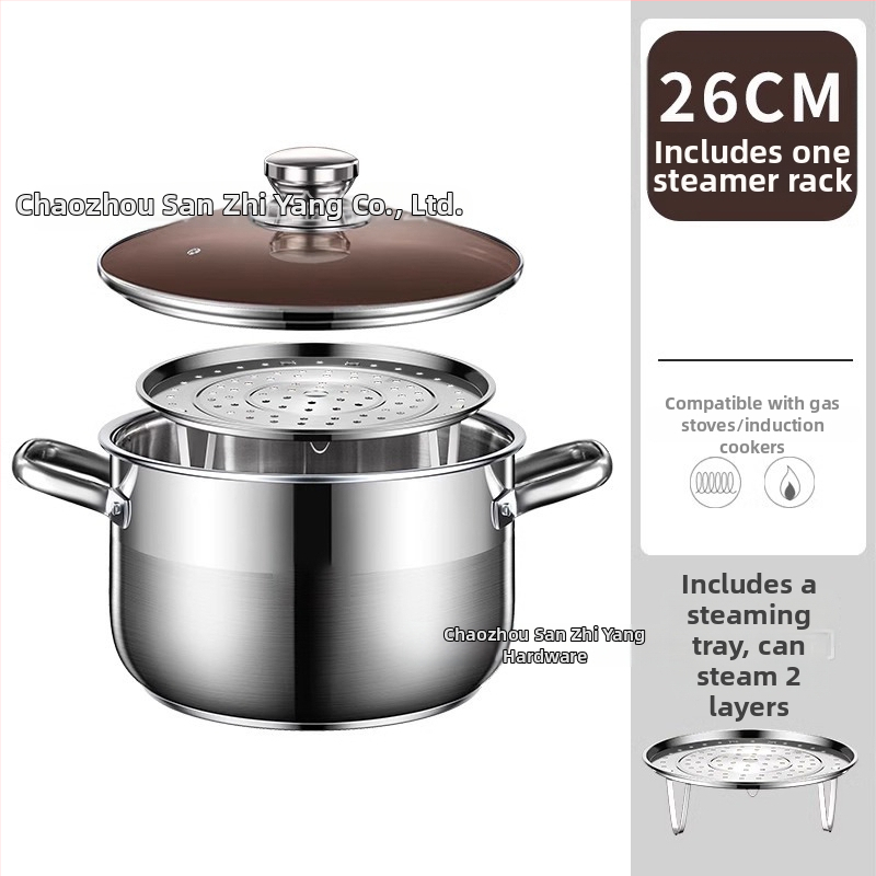 Dvojposchodový parný hrniec z 201 nerezovej ocele s integrovaným parným košom, skleneným poklopom, viacvrstvovým dnom, vhodný pre indukčné aj plynové varné dosky