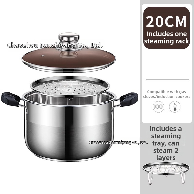 Dvojposchodový parný hrniec z 201 nerezovej ocele s integrovaným parným košom, skleneným poklopom, viacvrstvovým dnom, vhodný pre indukčné aj plynové varné dosky