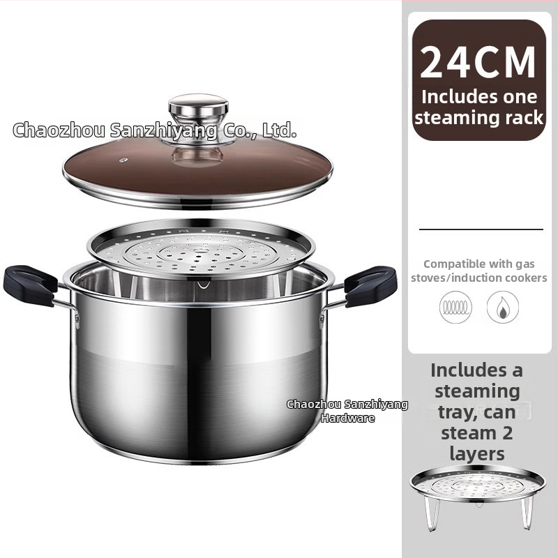 Dvojposchodový parný hrniec z 201 nerezovej ocele s integrovaným parným košom, skleneným poklopom, viacvrstvovým dnom, vhodný pre indukčné aj plynové varné dosky