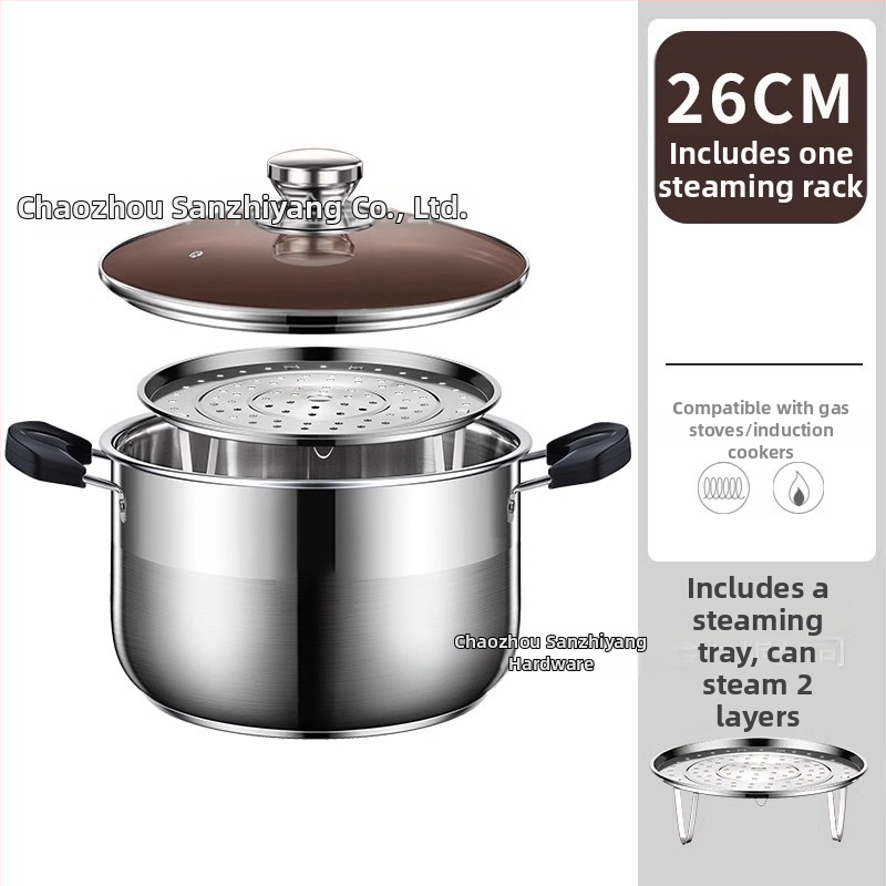 Dvojposchodový parný hrniec z 201 nerezovej ocele s integrovaným parným košom, skleneným poklopom, viacvrstvovým dnom, vhodný pre indukčné aj plynové varné dosky