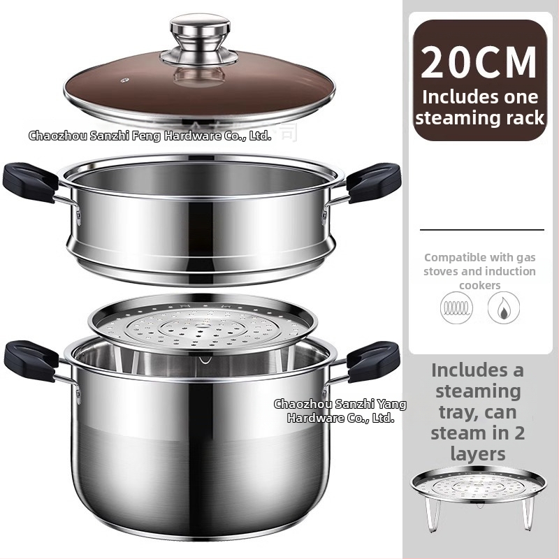 Dvojposchodový parný hrniec z 201 nerezovej ocele s integrovaným parným košom, skleneným poklopom, viacvrstvovým dnom, vhodný pre indukčné aj plynové varné dosky