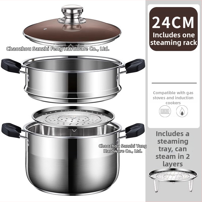 Dvojposchodový parný hrniec z 201 nerezovej ocele s integrovaným parným košom, skleneným poklopom, viacvrstvovým dnom, vhodný pre indukčné aj plynové varné dosky