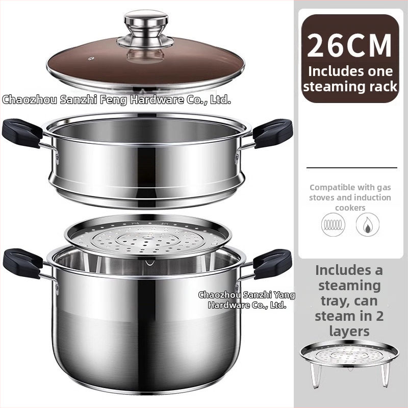 Dvojposchodový parný hrniec z 201 nerezovej ocele s integrovaným parným košom, skleneným poklopom, viacvrstvovým dnom, vhodný pre indukčné aj plynové varné dosky