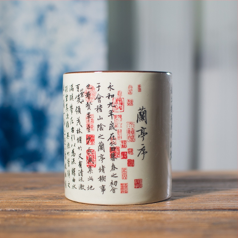 Keramički okrugli držač za olovke, kineskog stila skladište za pisala i četkice, s tiskanim logom, mogućnost prilagodbe, stolni organizator