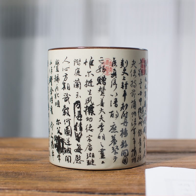Keramički okrugli držač za olovke, kineskog stila skladište za pisala i četkice, s tiskanim logom, mogućnost prilagodbe, stolni organizator