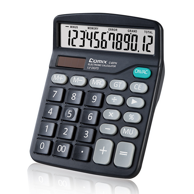 Aritmetikai számológép, 12‑jegyű kijelző, C-837H modell, Comix márka, napelemes tápellátás 1 akkumulátorral