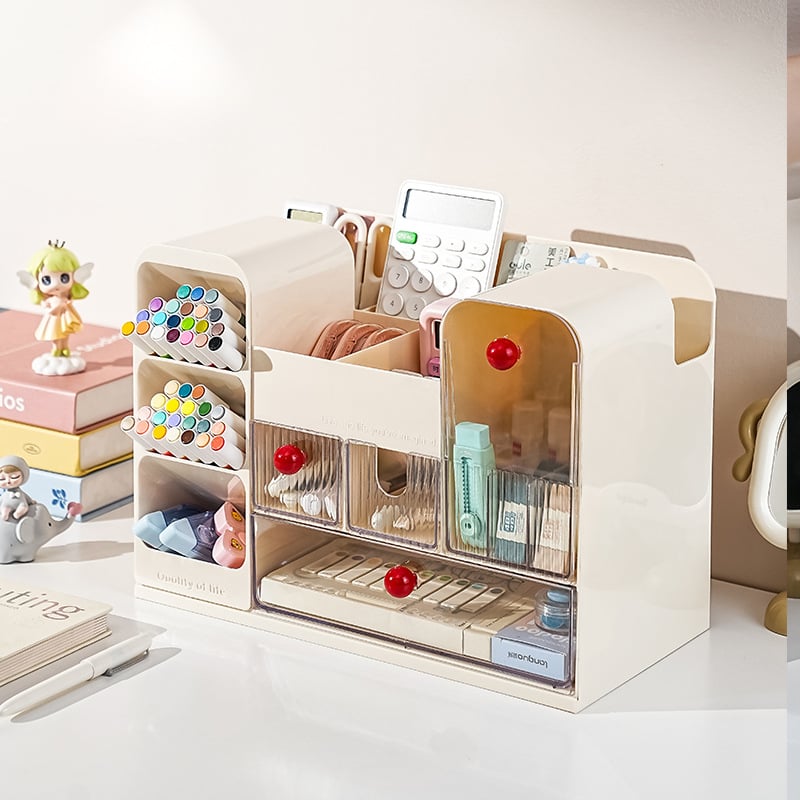 Fiókos asztali tároló doboz rekeszekkel – 18 L kapacitás, ABS+GPPS műanyag, többfunkciós asztali rendező