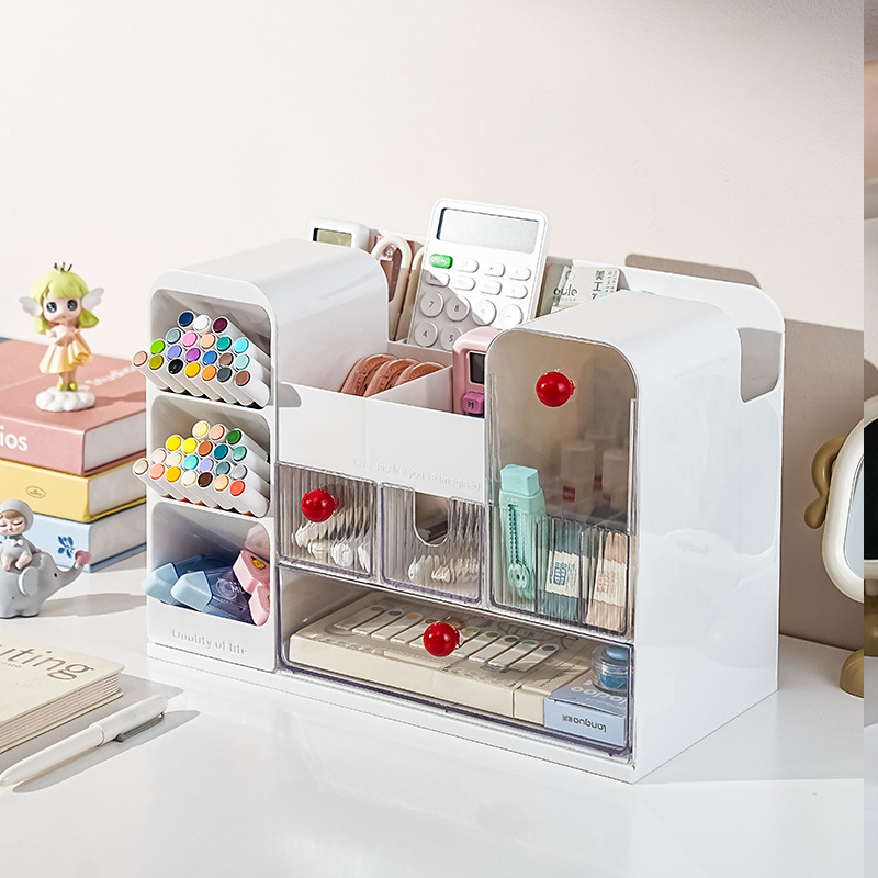 Fiókos asztali tároló doboz rekeszekkel – 18 L kapacitás, ABS+GPPS műanyag, többfunkciós asztali rendező