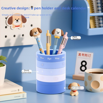 Suport rotund pentru pixuri din plastic, cu calendar desen animat, organizator de birou, fără imprimare logo