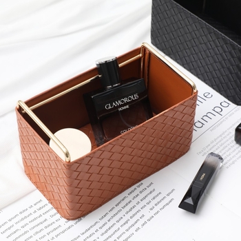 Kožna kutija za daljinske upravljače s pletenim uzorkom, organizator za četkice za šminku i olovke, dekorativni dodatak za stolić za kavu, kapacitet 2L, model 03, stil laganog luksuza