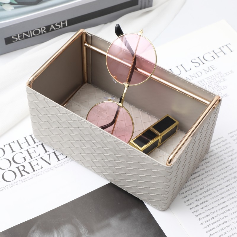 Kožna kutija za daljinske upravljače s pletenim uzorkom, organizator za četkice za šminku i olovke, dekorativni dodatak za stolić za kavu, kapacitet 2L, model 03, stil laganog luksuza