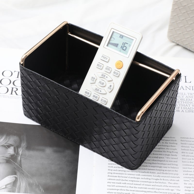 Kožna kutija za daljinske upravljače s pletenim uzorkom, organizator za četkice za šminku i olovke, dekorativni dodatak za stolić za kavu, kapacitet 2L, model 03, stil laganog luksuza