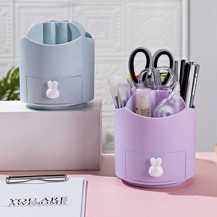 Suport de birou rotativ la 360° pentru pixuri și cutie de depozitare pentru papetărie cu compartimente în grilă, multifuncțional, plastic PP, capacitate mare