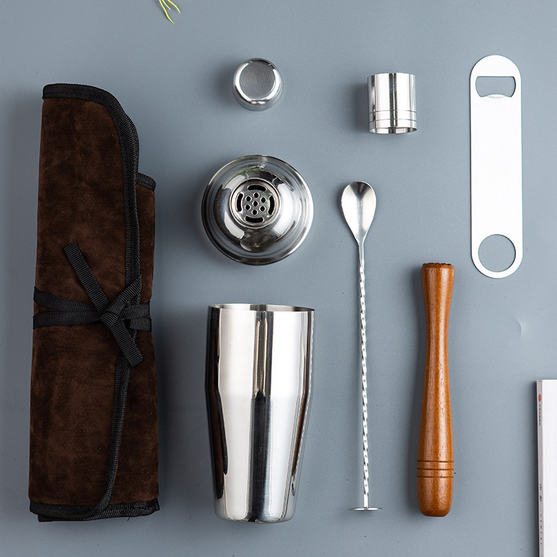 Set za shaker koktela – 7 dijelova, nehrđajući čelik, polirana površina, moderni minimalistički stil