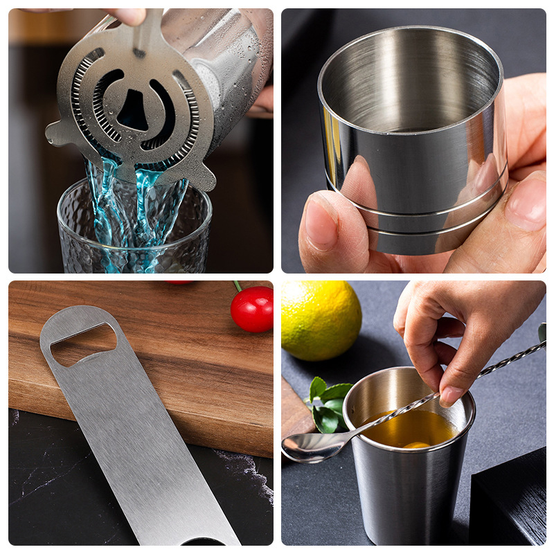 Set za shaker koktela – 7 dijelova, nehrđajući čelik, polirana površina, moderni minimalistički stil