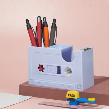 Suport de bandă în formă de casetă retro și suport pentru pix, Plastic, Model 01, Imprimare logo disponibil, Lățime bandă reglabilă