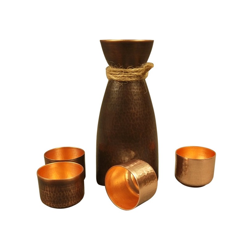Cană de sake din cupru, în stil japonez, set cu pahare mici și separator