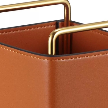 Stolna kutija za pohranu od PU kože i metala, model YZ-5610, kapacitet 1 L, namijenjena daljinskim upravljačima, uredskom materijalu i telefonima.