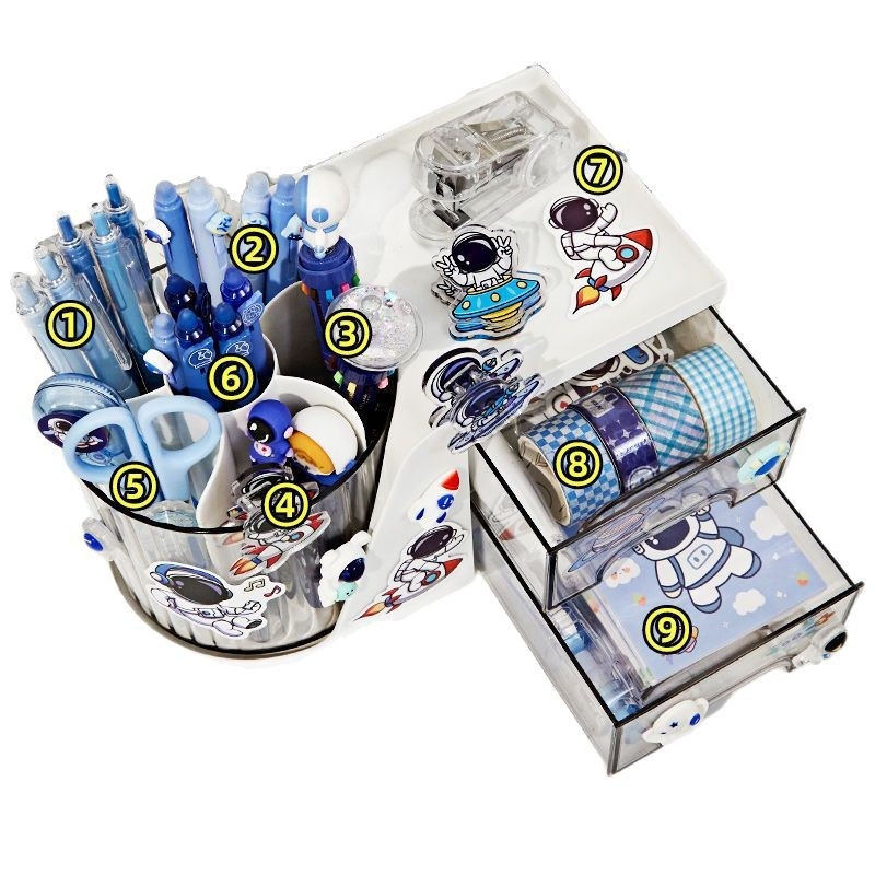 Suport pentru pixuri astronaut, organizator de birou 3 în 1, rotativ, model DG0910, plastic, formă pătrată