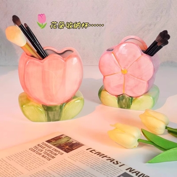 Suport ceramice pentru pixuri cu model floral – organizator rotund pentru birou, design cu o fată drăguță, imprimare a logo-ului și personalizare