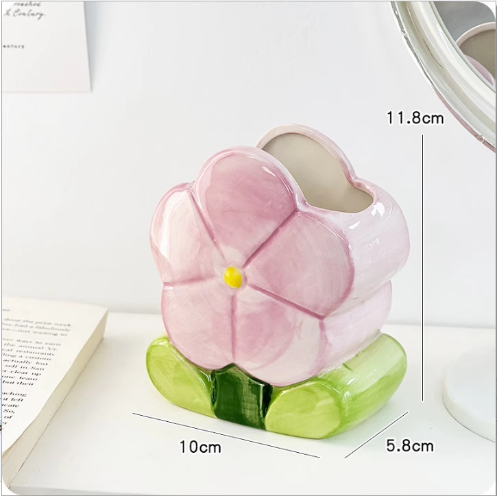 Suport ceramice pentru pixuri cu model floral – organizator rotund pentru birou, design cu o fată drăguță, imprimare a logo-ului și personalizare