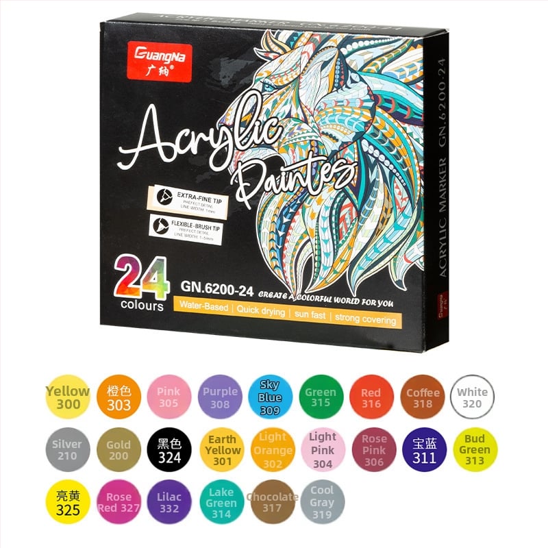 Guangna 6200 dvojhlavý akrylový marker – plastové puzdro, typ ink pen, základné balenie