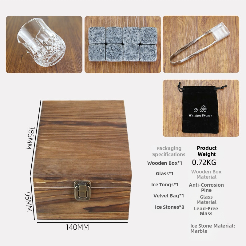 Skót whisky pohár szett gránit jégkővel, fából készült dobozban – EHUNT, fa, modern minimális stílus, bevezetés: 2025, csomagolás: egyedi