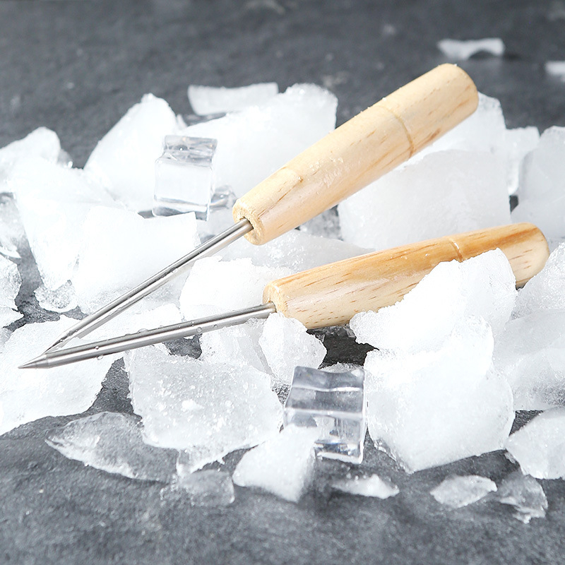 Jégkészítő eszköz rozsdamentes acél fejjel és tölgyfa nyéllel; bárjég-zúzó eszköz jég aprításához és a fagyasztó kiolvasztásához